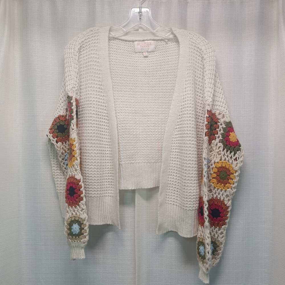 Audrey Parks Francescas Crochet Granny Square Sleeve Cardigan Cream Womens Small